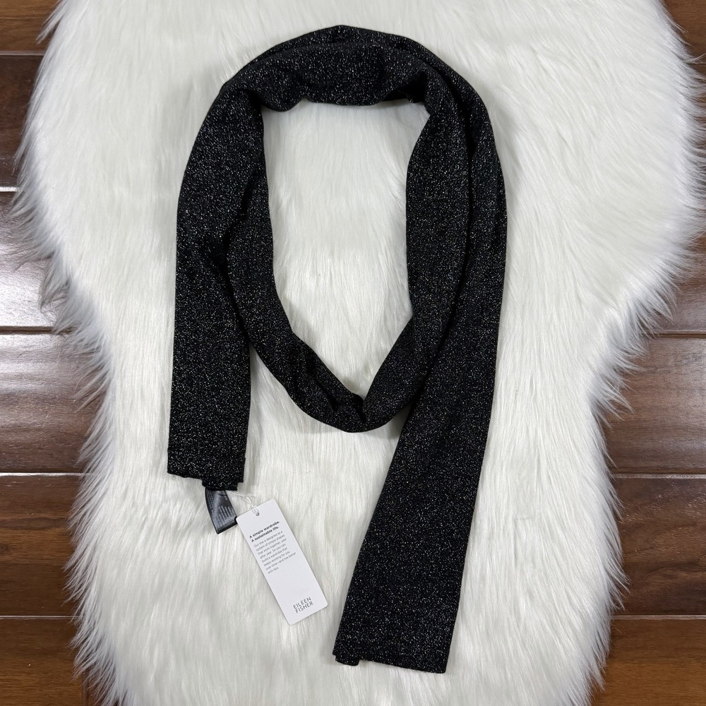 Eileen Fisher One Size Black Metallic Shimmer Merino Wool Knit Scarf